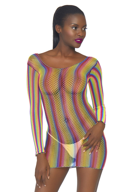 Rainbow fishnet mini dress